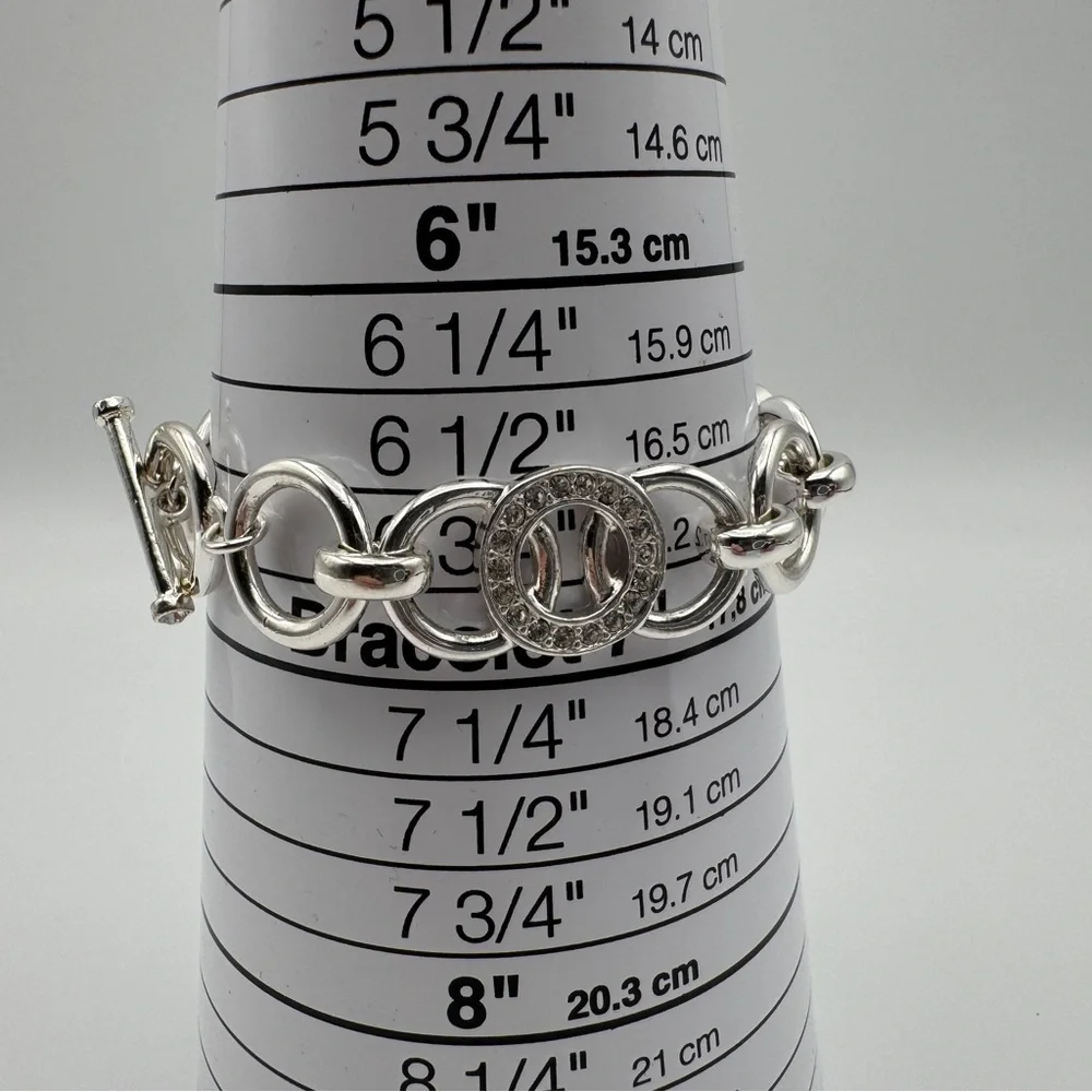 Silver Toggle Bracelet 6.75” Circle Links with Rhinestones - Picture 4 of 5